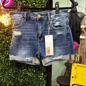 Risen Mid Rise Cuffed Distressed Shorts-Stretchy